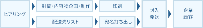 （打ち合わせ・ヒアリング）（封筒・内容物の企画・製作）（印刷、宛名出力）（封入作業）（DM発送）（企業カスタマー）