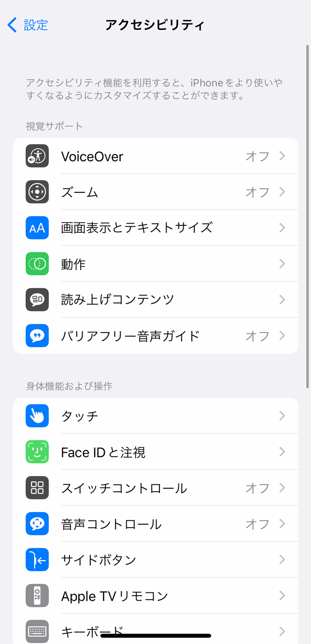 iPhoneのアクセシビリティの設定画面のキャプチャ